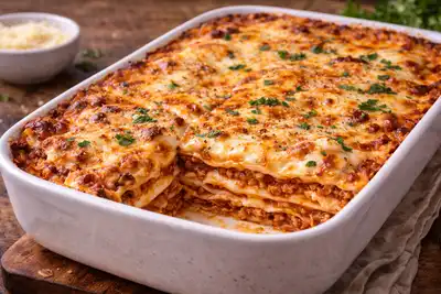 Классическая итальянская лазанья с мясным соусом болоньезе, бешамелем и золотистой сырной корочкой.