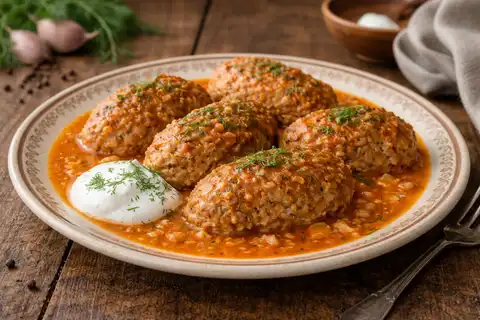 Сытные ленивые голубцы из фарша, риса и капусты, тушённые в нежном томатно-сметанном соусе.