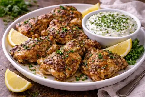 Запечённая лимонная курица с пряностями и свежим йогуртовым соусом с травами.