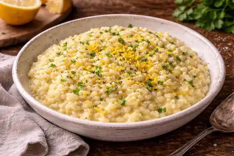 Кремовое ризотто с яркой лимонной цедрой, белым вином и деликатной сливочностью пармезана.