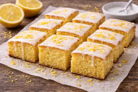 Классический лимонный кекс с сахарной пропиткой и лёгкой глазурью.