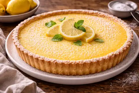 Французский лимонный тарт с хрустящей песочной основой и шелковистым цитрусовым кремом.