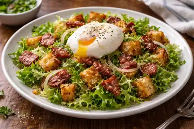 Тёплый французский салат с хрустящим беконом, яйцом пашот и горчичной заправкой.