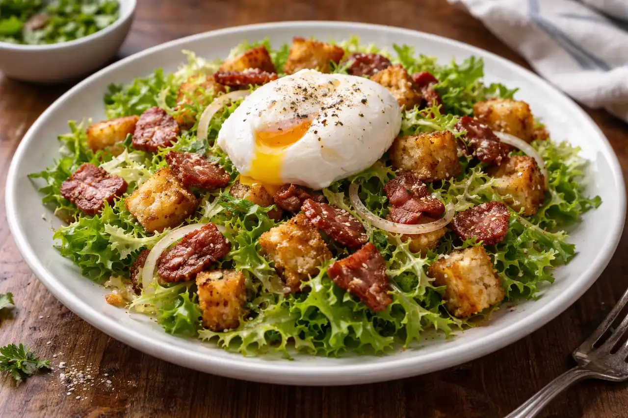 Тёплый французский салат с хрустящим беконом, яйцом пашот и горчичной заправкой.