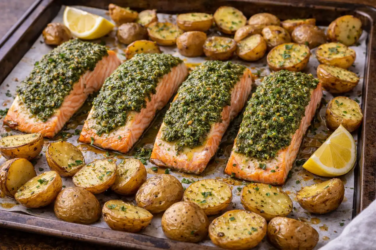 Запечённый лосось с картофелем и песто на одном противне - простой и уютный семейный ужин.