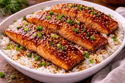 Сочный лосось в японском соусе терияки с балансом сладости, соли и легкой карамелизации.