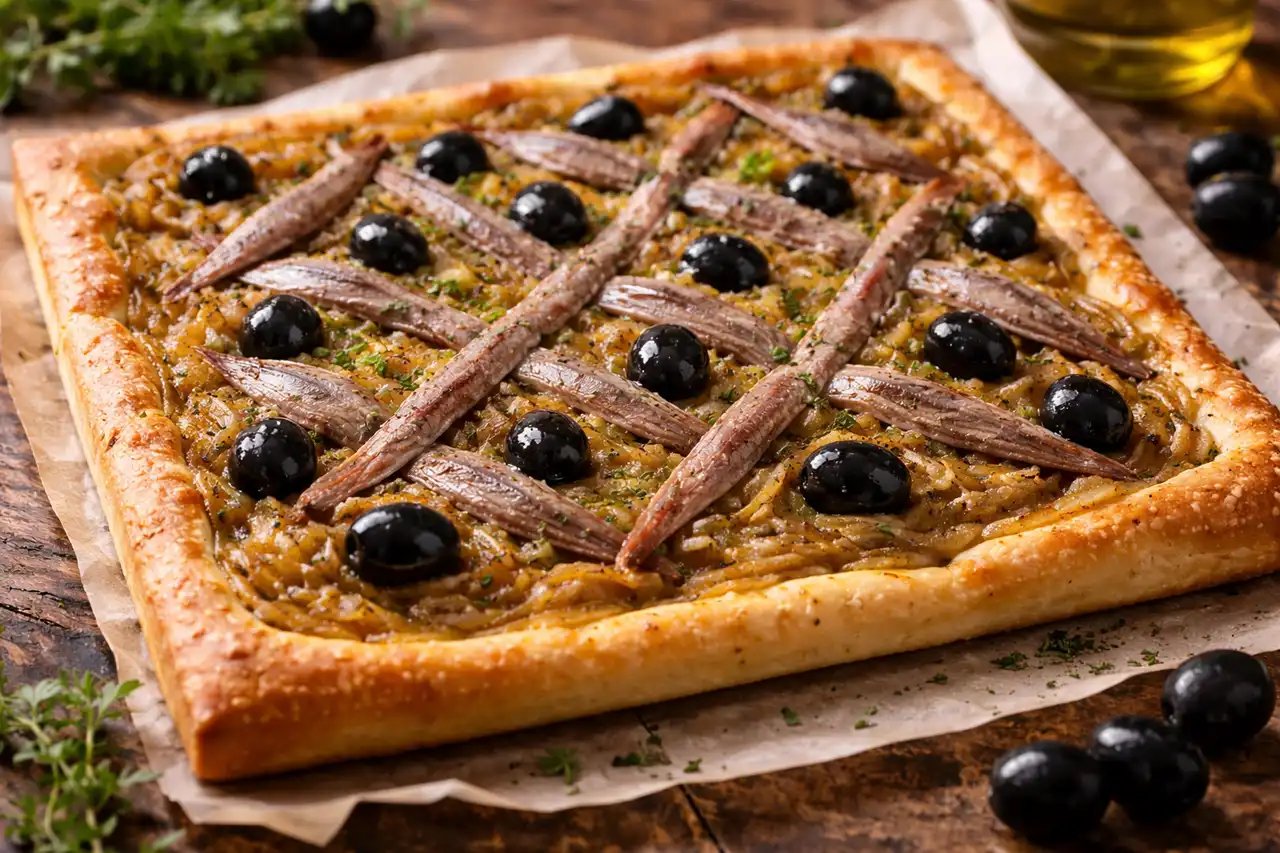 Тонкий французский луковый тарт с анчоусами и оливками в стиле провансальской кухни.