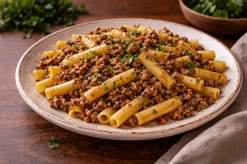 Классическое горячее из макарон и обжаренного мясного фарша с луком и сливочным маслом.