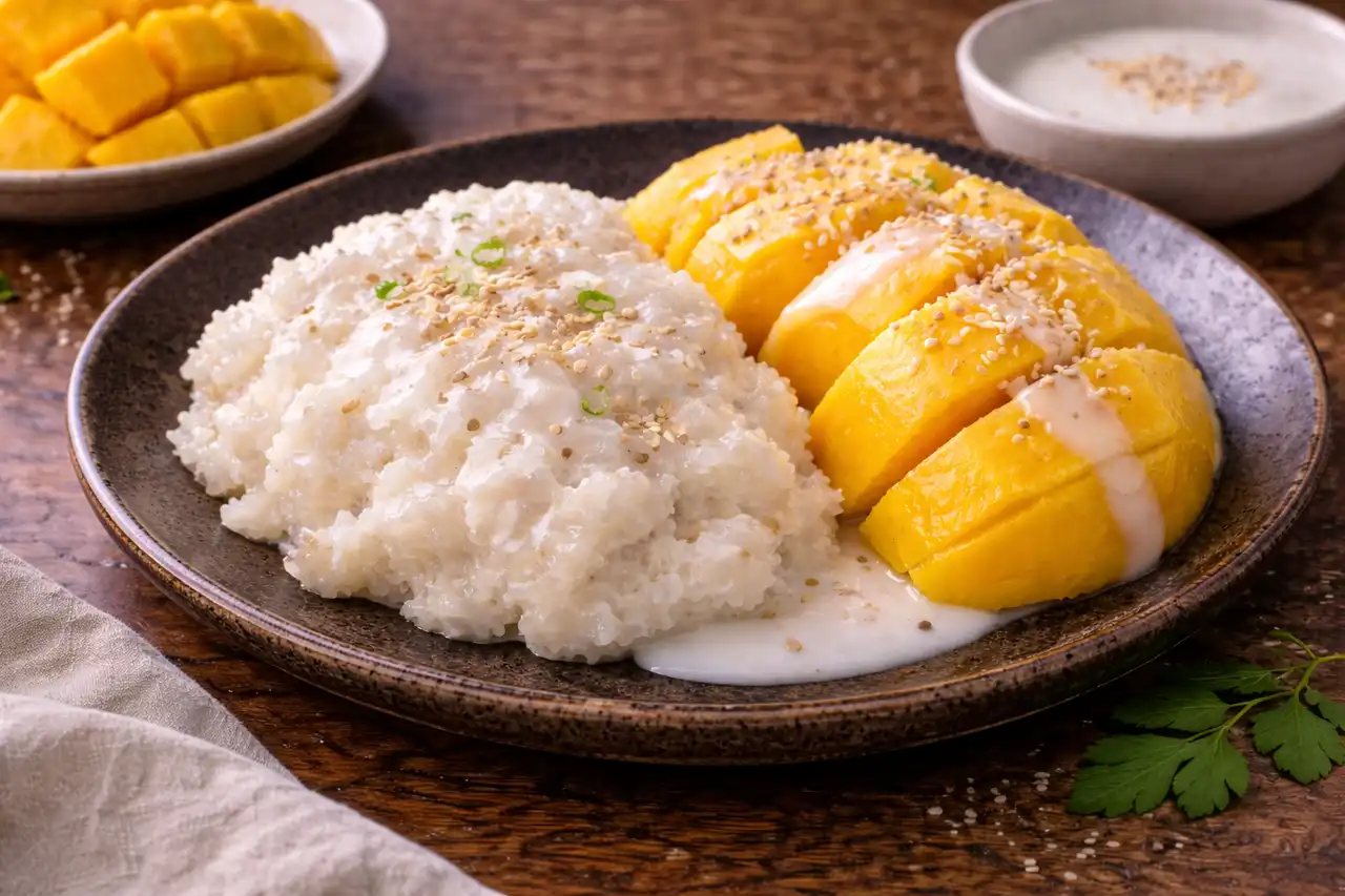 Классический тайский десерт из сладкого манго, клейкого риса и тёплого кокосового соуса.