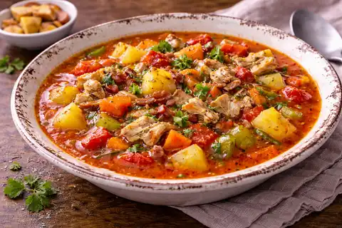 Томатный американский суп с моллюсками, овощами и ярким пряным вкусом.