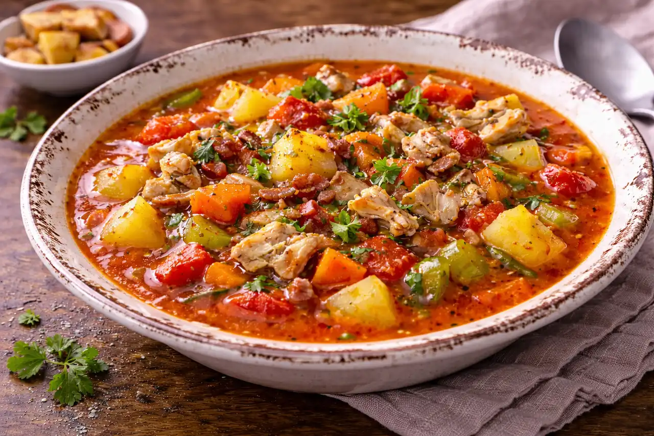 Томатный американский суп с моллюсками, овощами и ярким пряным вкусом.