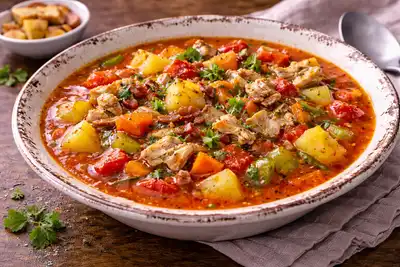 Томатный американский суп с моллюсками, овощами и ярким пряным вкусом.