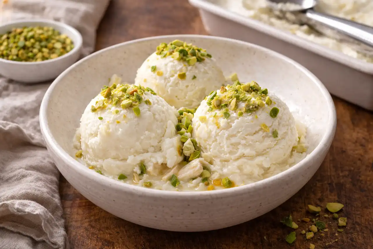 Плотное и тягучее турецкое мороженое на молоке с салепом и лёгким ароматом мастики.