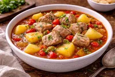 Традиционный баскский рыбный суп с тунцом, картофелем, сладким перцем и насыщенным томатным бульоном.