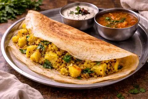 Хрустящие индийские рисово-чечевичные блины с пряной картофельной начинкой.