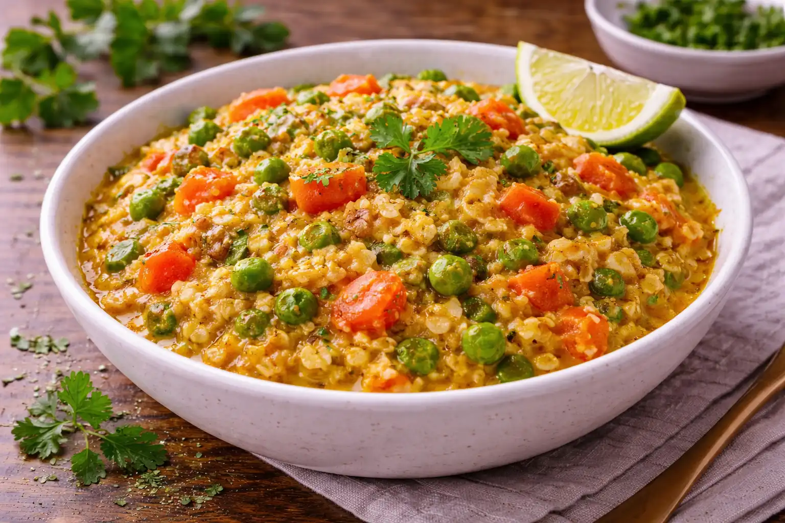 Пряная индийская овсянка с овощами, куркумой и ароматными специями.