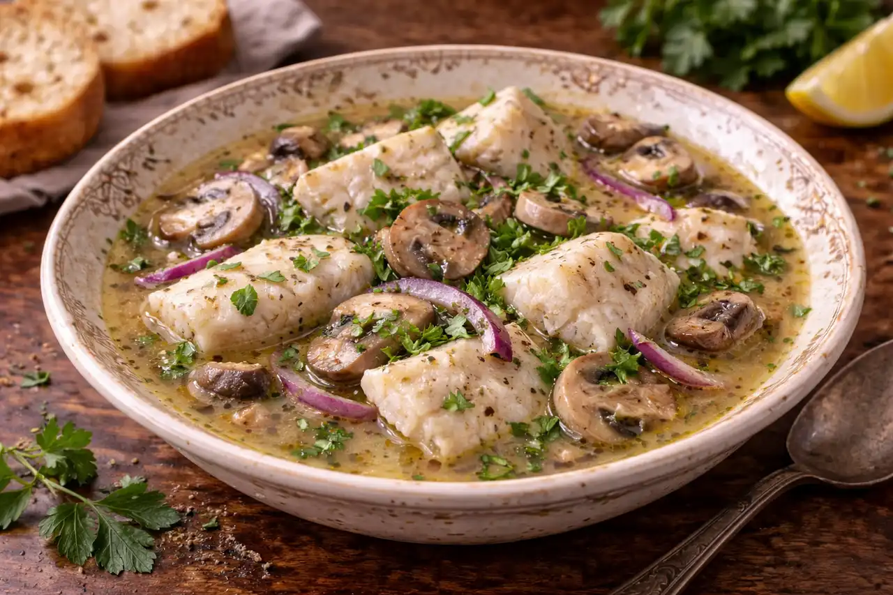 Французский рыбный суп на белом вине с шампиньонами, луком и насыщенным ароматным бульоном.