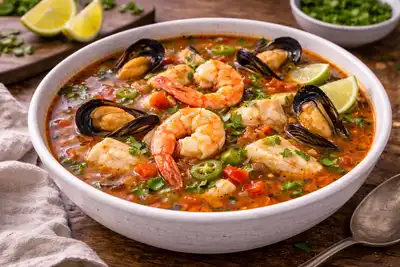 Насыщенный мексиканский суп с креветками, рыбой и мидиями в пряном томатном бульоне с лаймом.