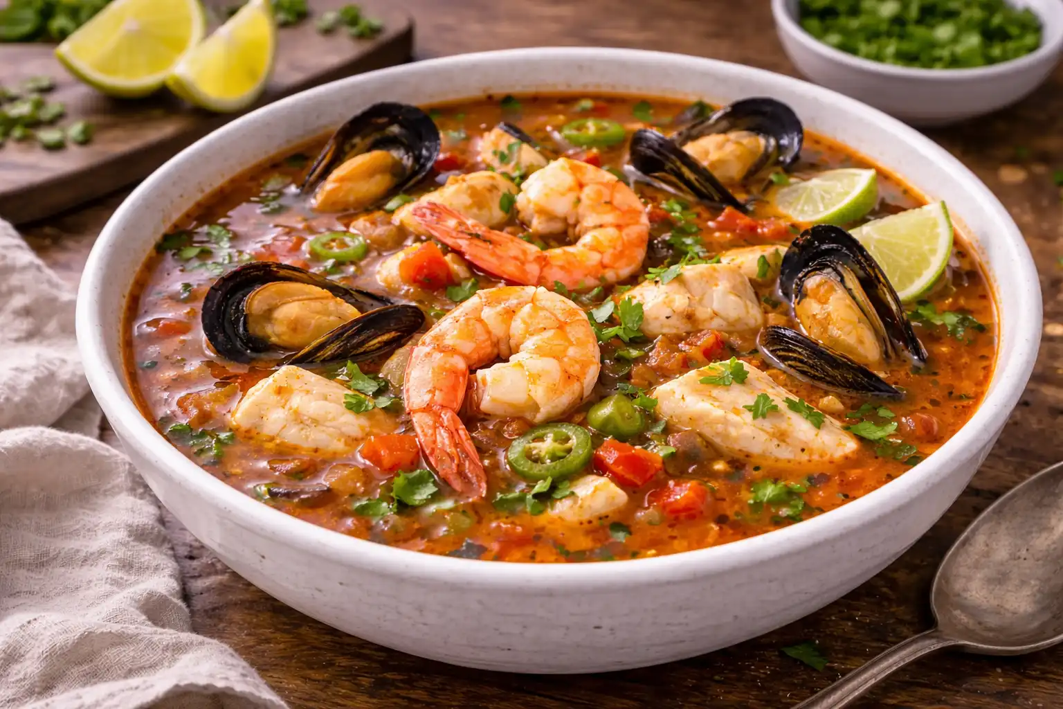 Насыщенный мексиканский суп с креветками, рыбой и мидиями в пряном томатном бульоне с лаймом.