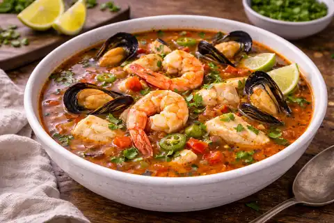 Насыщенный мексиканский суп с креветками, рыбой и мидиями в пряном томатном бульоне с лаймом.