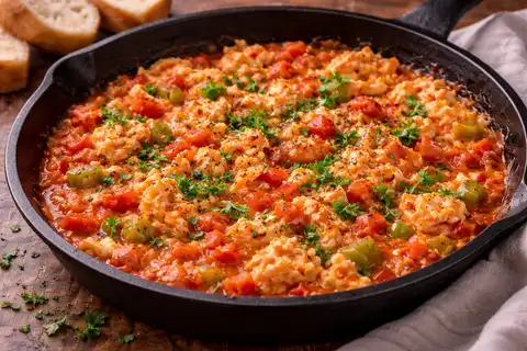 Турецкое блюдо из яиц с томатами и сладким перцем для быстрого тёплого завтрака.