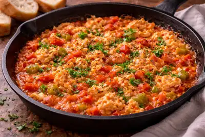 Турецкое блюдо из яиц с томатами и сладким перцем для быстрого тёплого завтрака.