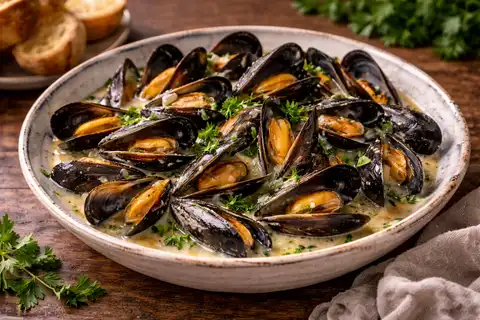 Французские мидии в белом вине с шалотом, чесноком и свежей петрушкой.