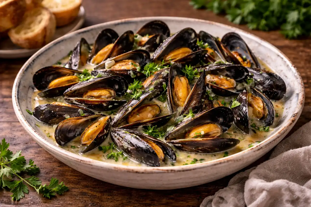 Французские мидии в белом вине с шалотом, чесноком и свежей петрушкой.