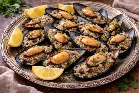 Турецкая закуска из мидий с ароматной рисовой начинкой и лимонной подачей.