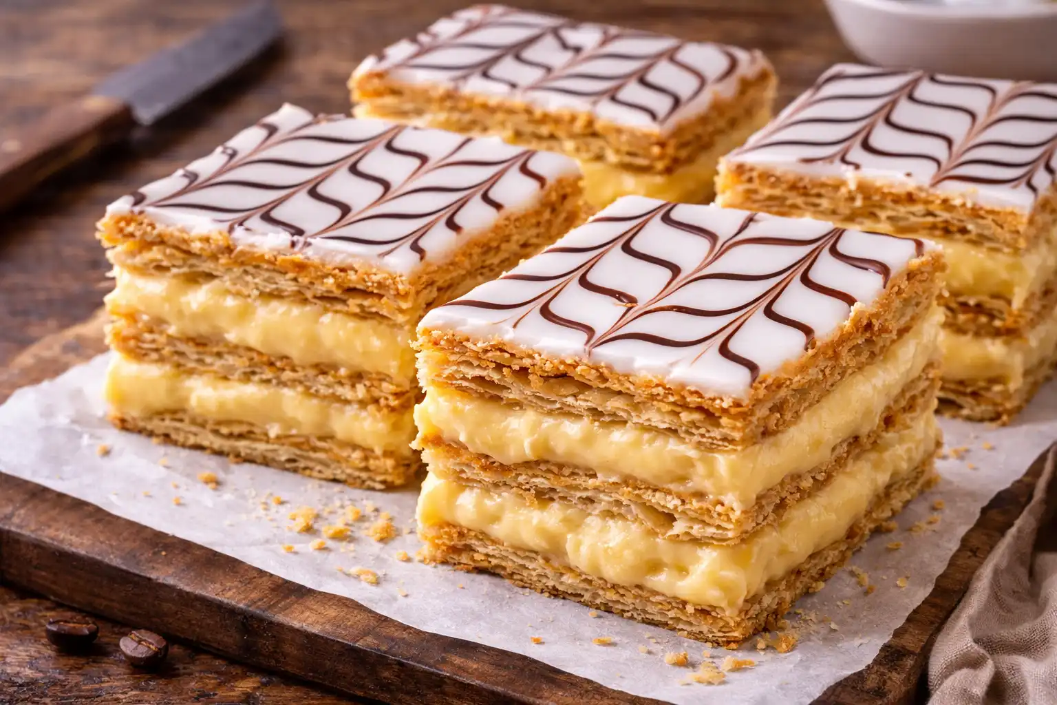 Классический французский мильфей из слоёного теста с нежным ванильным кремом и сахарной глазурью.