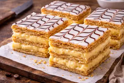 Классический французский мильфей из слоёного теста с нежным ванильным кремом и сахарной глазурью.