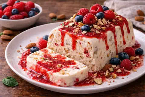 Воздушный итальянский замороженный десерт с миндальными нотами и ягодной свежестью.