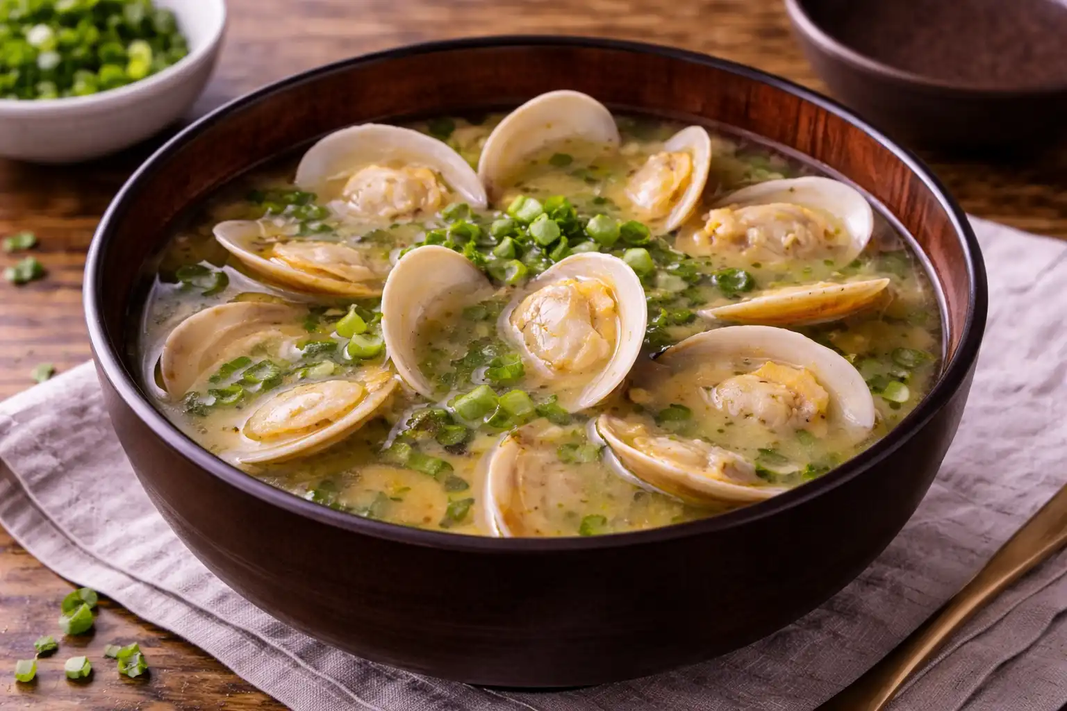 Лёгкий японский суп на даси с моллюсками асари, мисо и зелёным луком.