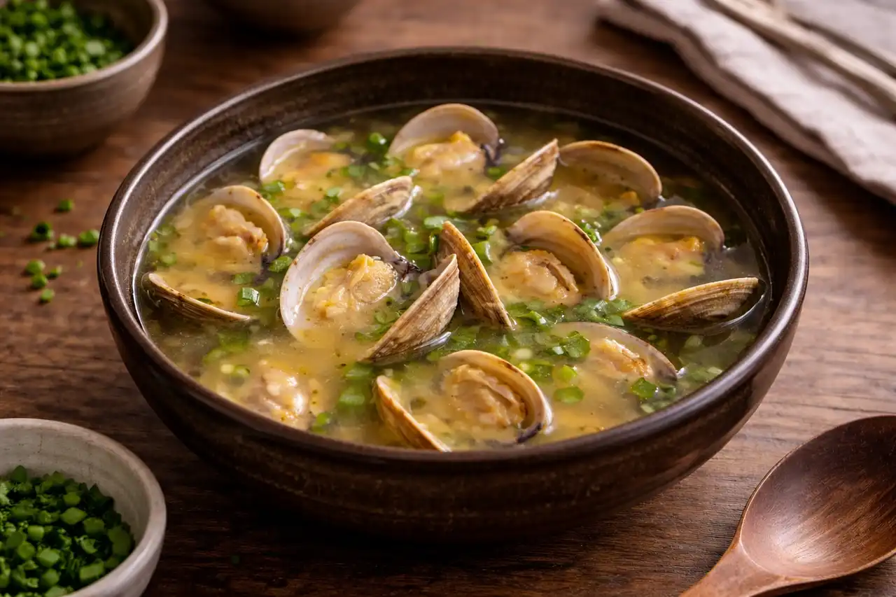 Лёгкий японский суп на даси с моллюсками асари, мисо и зелёным луком.