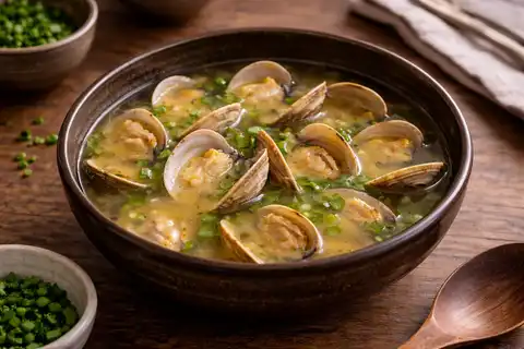 Лёгкий японский суп на даси с моллюсками асари, мисо и зелёным луком.