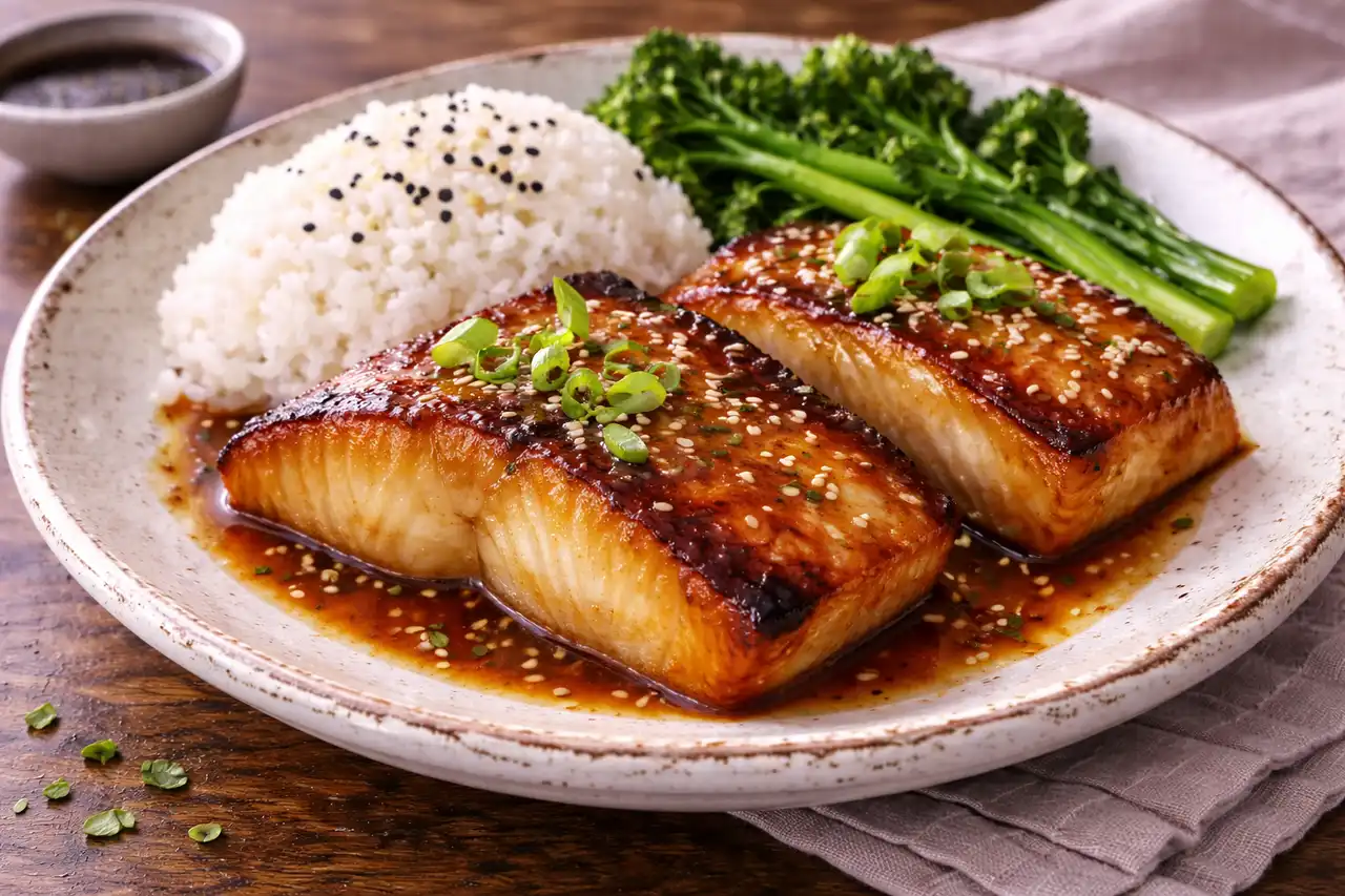 Нежная рыба в сладко-солёном мисо-маринаде с карамелизированной глазурью.
