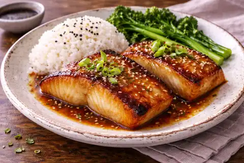 Нежная рыба в сладко-солёном мисо-маринаде с карамелизированной глазурью.