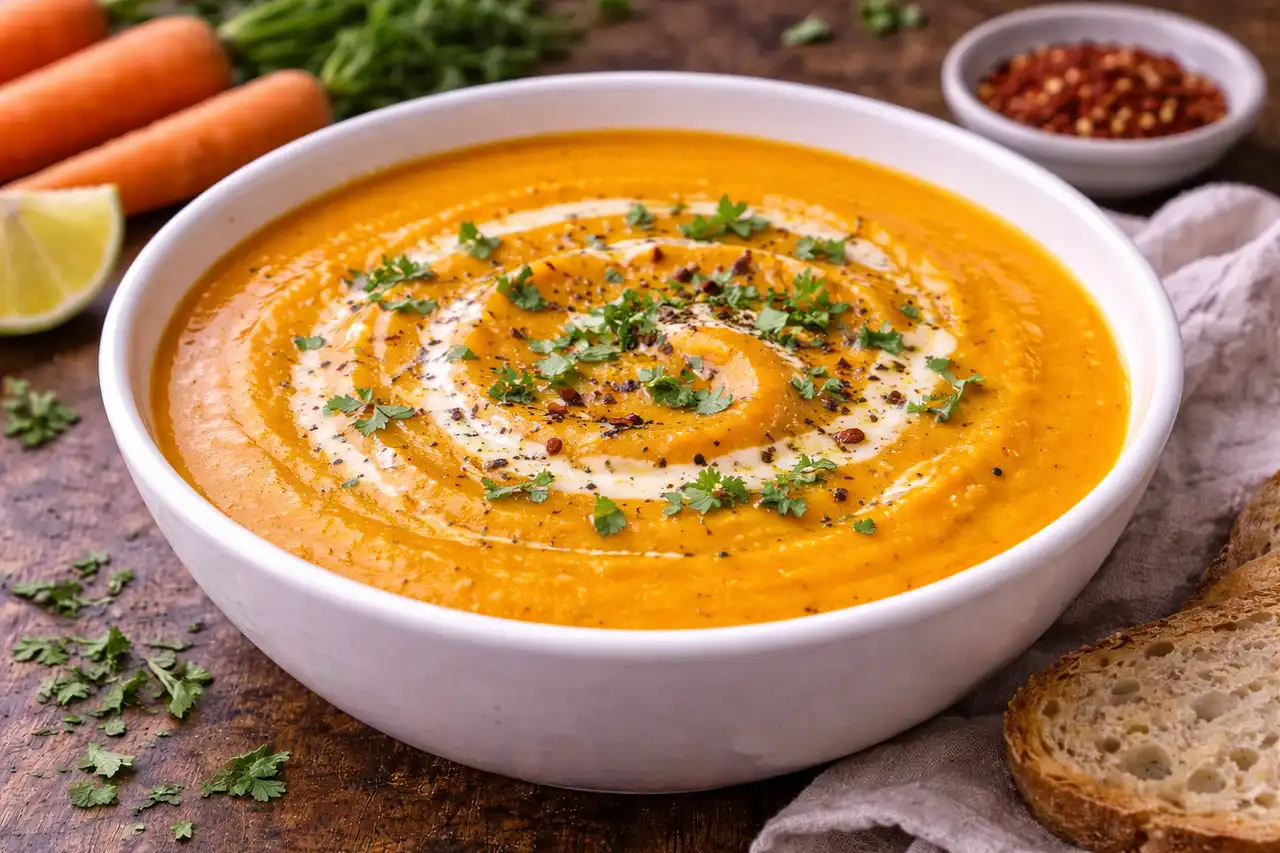 Нежный морковный суп с имбирём, карри и кокосовым молоком.
