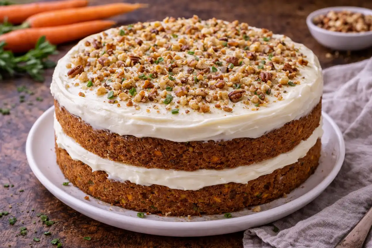 Классический морковный торт с пряным коржом и сливочным кремом.