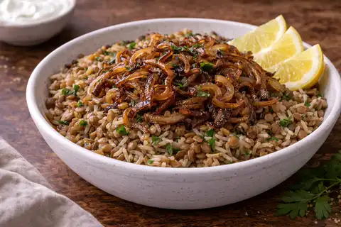 Сытное ближневосточное блюдо из чечевицы и риса с большим количеством золотистого карамелизированного лука.