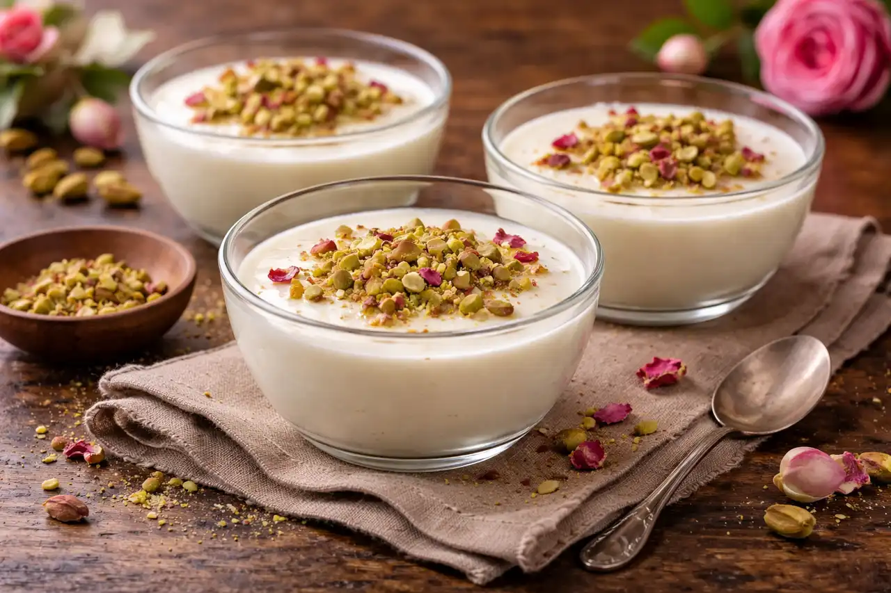 Нежный ближневосточный молочный десерт с шелковистой текстурой, розовой водой и фисташками.