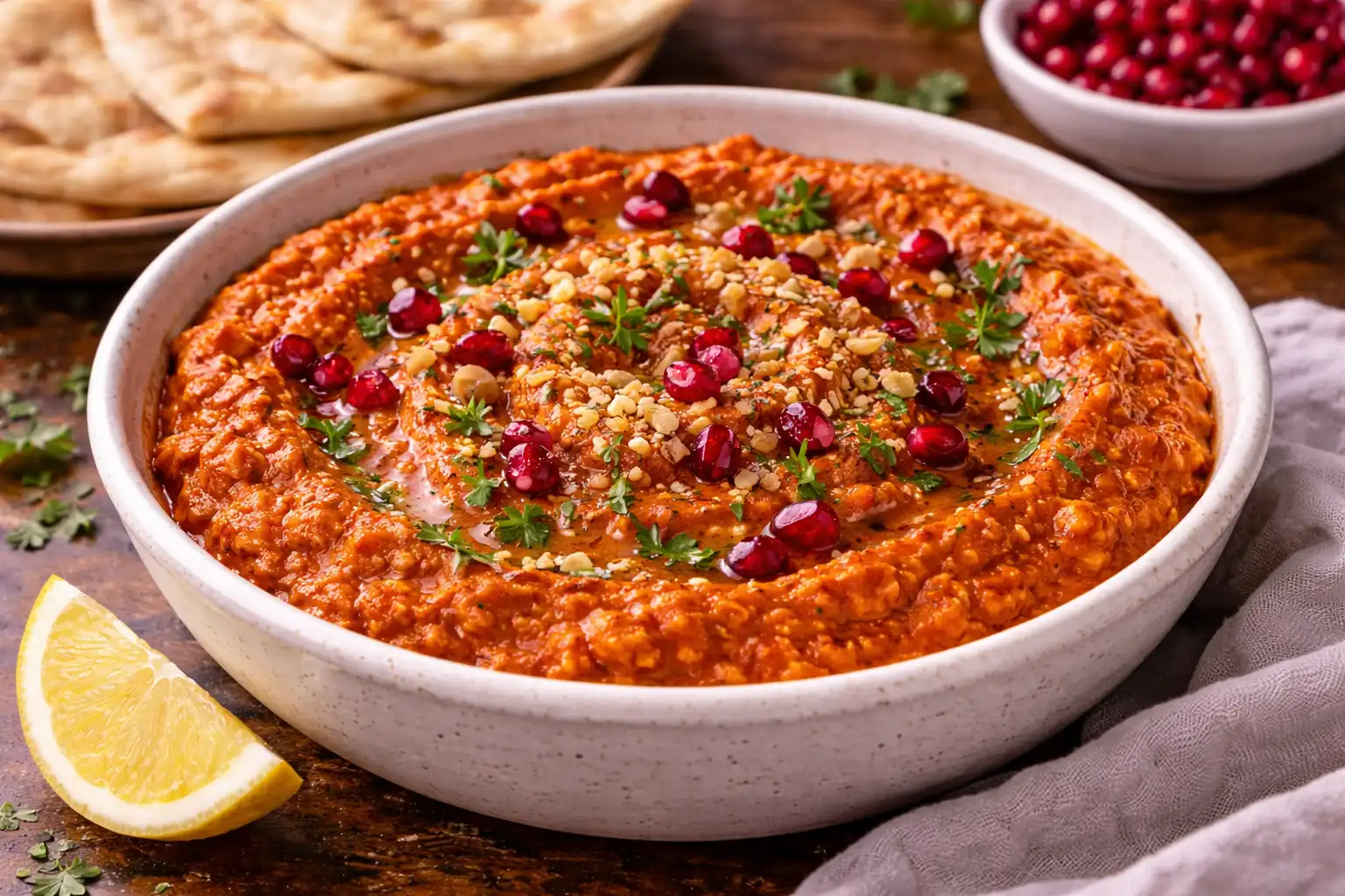 Ароматная восточная паста из печёного перца, грецких орехов и гранатовой мелассы с лёгкой пикантностью.