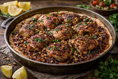 Традиционное ближневосточное блюдо из запечённой курицы, томлёного лука с сумахом и ароматной лепёшки.