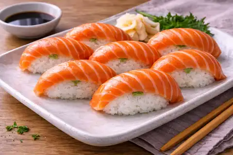 Классические японские нигири с заправленным рисом и тонкими ломтиками свежего лосося.