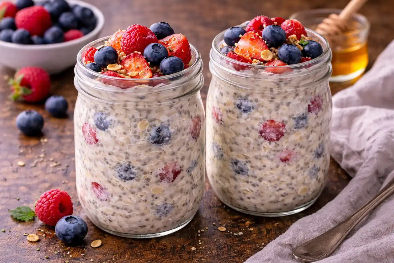 Холодная ночная овсянка с чиа, йогуртом и ягодами для быстрого завтрака.