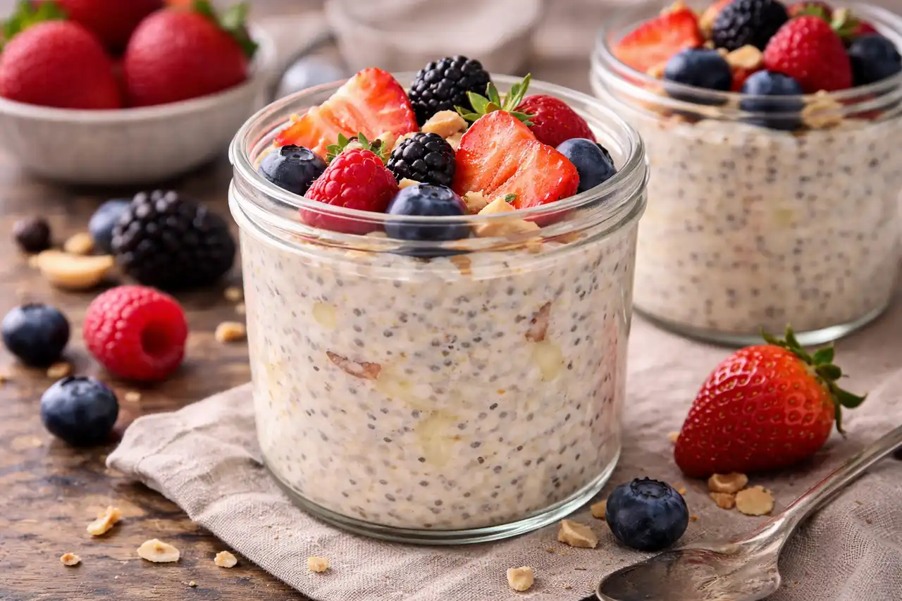 Овсянка без варки с йогуртом и фруктами для удобного завтрака на следующий день.