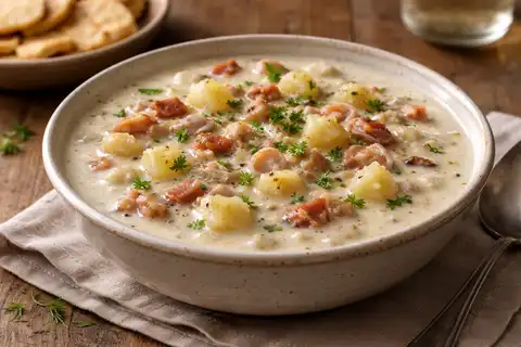 Густой американский суп с моллюсками, картофелем, сливками и лёгким копчёным акцентом бекона.