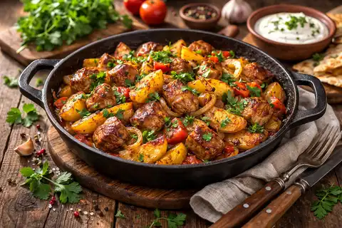 Традиционное грузинское жаркое из свинины, картофеля, лука и ароматных специй, приготовленное на сковороде.