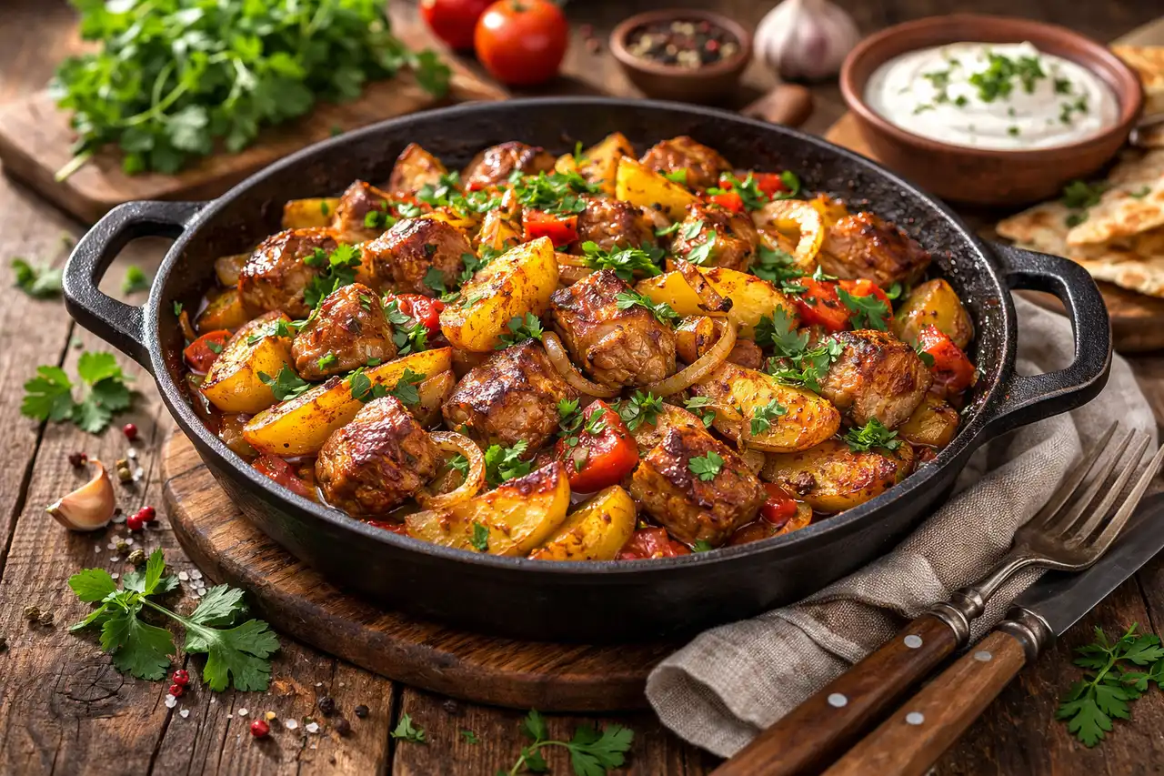Традиционное грузинское жаркое из свинины, картофеля, лука и ароматных специй, приготовленное на сковороде.