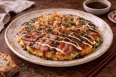 Японские капустные панкейки с беконом, соусом окономияки и стружкой бонито.